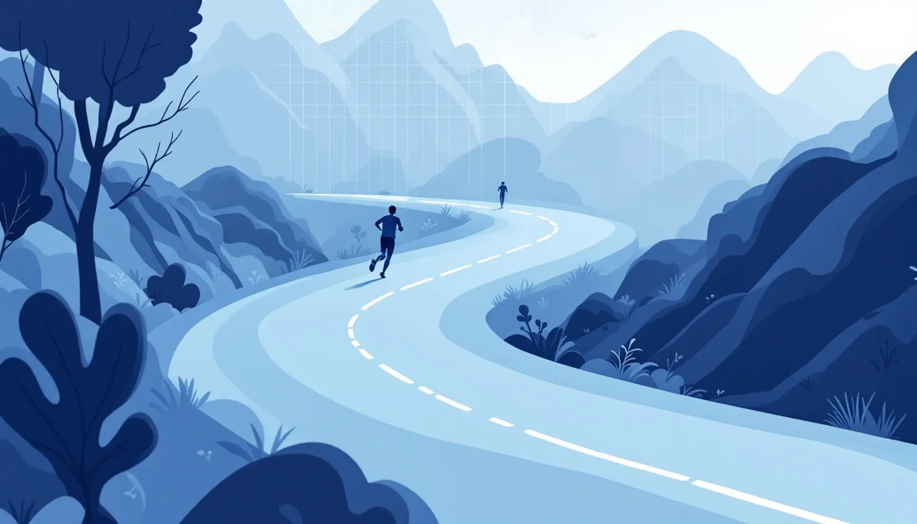 A minimalist flat illustration of a runner in motion on a winding marathon course with elevation changes, shown from a 3