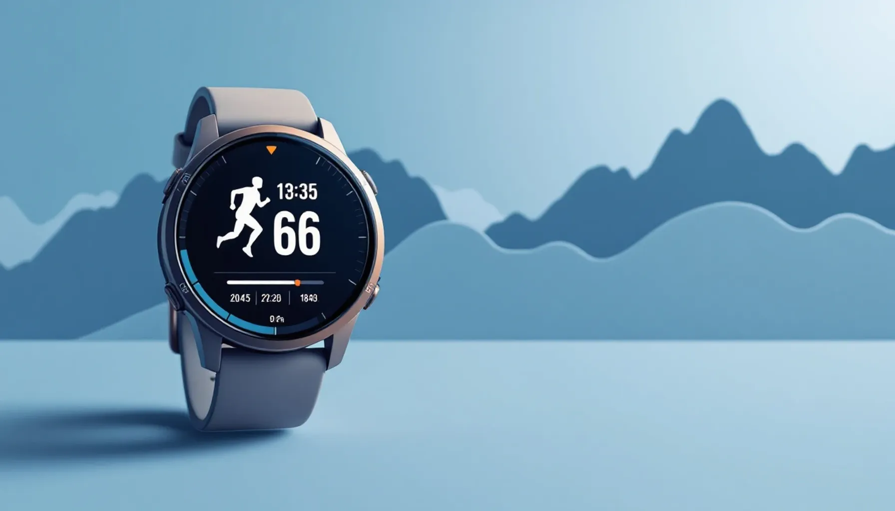 Minimalist flat illustration of a runner's watch displaying pace and distance metrics, with a subtle marathon course ele